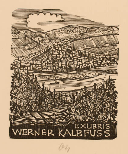 Exlibris by Herbert S. Ott from Germany for Werner Kalbfuss - Mountain City Scenery/Landscape 