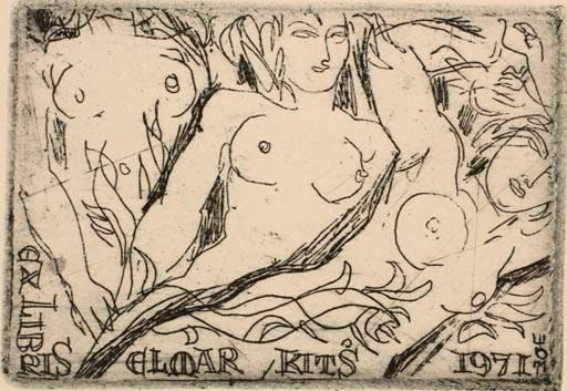 Exlibris by Evald Okas from Estonia for Elmar Rits - Woman Nude 