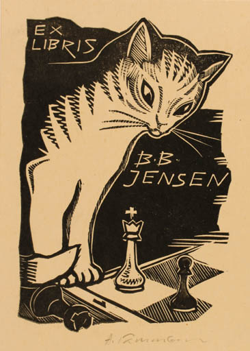 Exlibris by ? ? from Unknown for B. B. Jensen - Cat Sport/game 