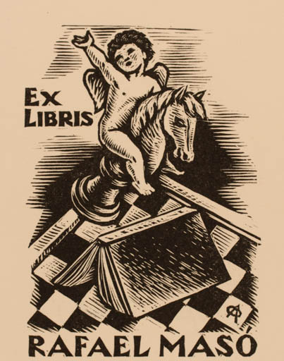 Exlibris by Antonio Olle Pinell from Spain for Rafael Maso - Angel Horseman/Rider Sport/game 