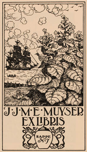 Exlibris by Johan Briedé from Netherland for J. J. M. E Muyser - Flora Ship/Boat 