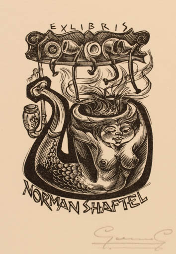 Exlibris by Gerard Gaudaen from Belgium for Norman Shaftel - Mermaid 