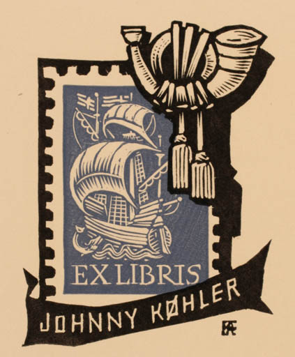 Exlibris by Antal Fery from Hungary for Køhler Johnny - Hobby Ship/Boat 