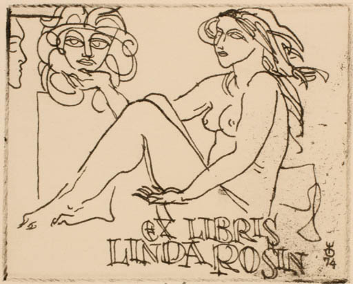 Exlibris by Evald Okas from Estonia for Linda Rosin - Woman Nude 