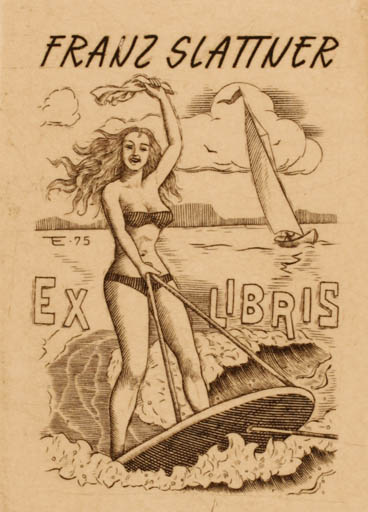 Exlibris by Istvan Tempinszky from Hungary for Franz Slattner - Woman Ship/Boat Sport/game 