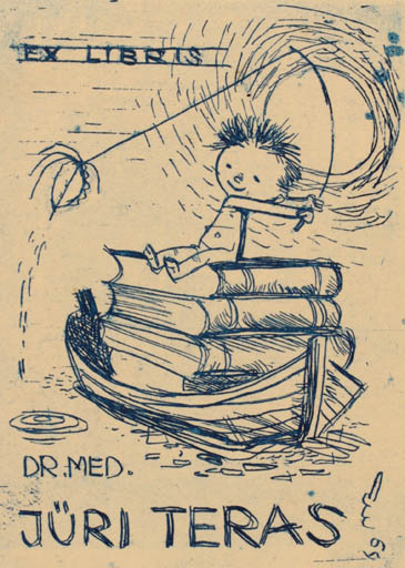 Exlibris by Edgar Walter from Estonia for Dr. Med. Jüri Teras - Child Book Ship/Boat 