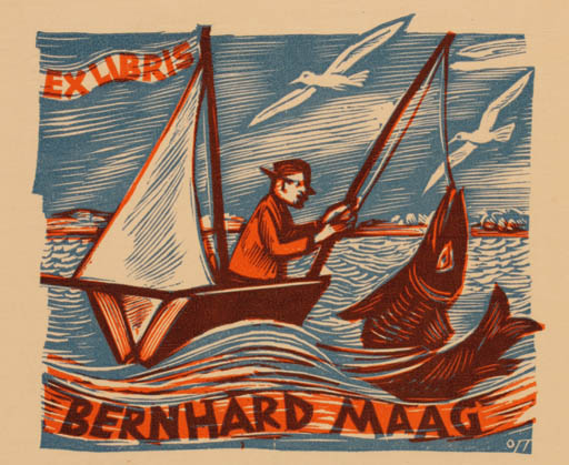 Exlibris by Herbert S. Ott from Germany for Bernhard Maag - Fish Hobby Maritime Ship/Boat 