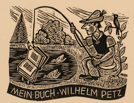 Exlibris by Hermann Huffert from Germany for Wilhelm Petz - Book Fish Hobby Man 