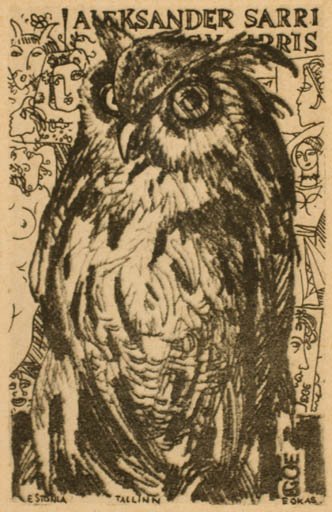 Exlibris by Evald Okas from Estonia for Aleksander Sarri - Owl 