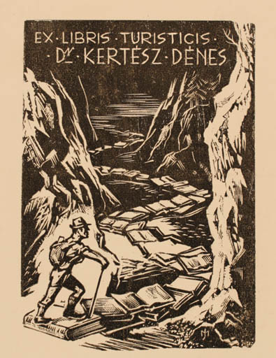 Exlibris by Jozsef Menyhart from Hungary for Dr. Denes Kertesz - Mountain Book Sport/game 