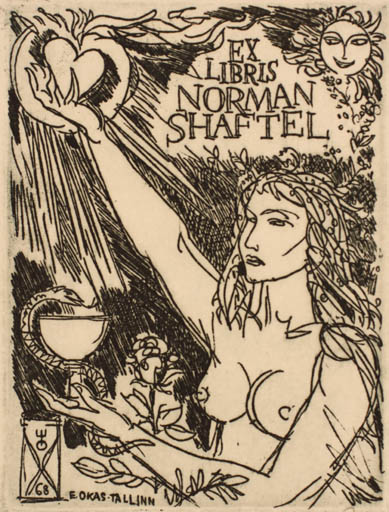 Exlibris by Evald Okas from Estonia for Dr. Norman Shaftel - Woman Medicine Nude 