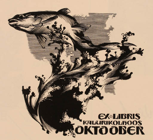 Exlibris by Lembit Löhmus from Estonia for Kalurikolhoos Oktoober - Fish 