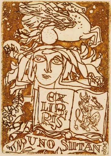 Exlibris by Evald Okas from Estonia for Uno Siitan - Book Fairytale/fable Woman Mythology Pegasus Portrait 