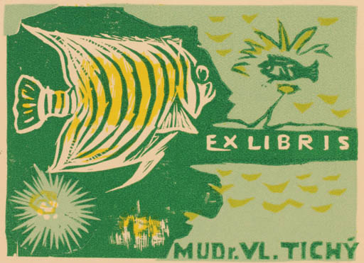 Exlibris by Jaroslav Kaiser from Czech Republic for Vladimir Tichy - Fish 