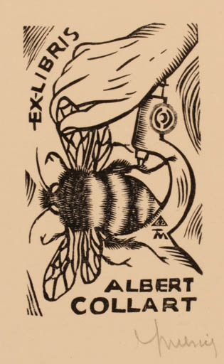 Exlibris by Jocelyn Mercier from France for Albert Collart - Hand(s) Insect Science 