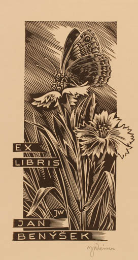 Exlibris by Josef Weiser from Czechoslovakia for Jan Benysek - Flower Butterfly 