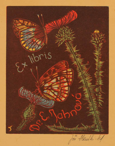 Exlibris by Jiri Slavik from Czech Republic for Dr. Erba Jahnova - Flower Butterfly 