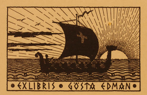 Exlibris by E. Johansson from Sweden for Gösta Edman - Ship/Boat Sun Viking 