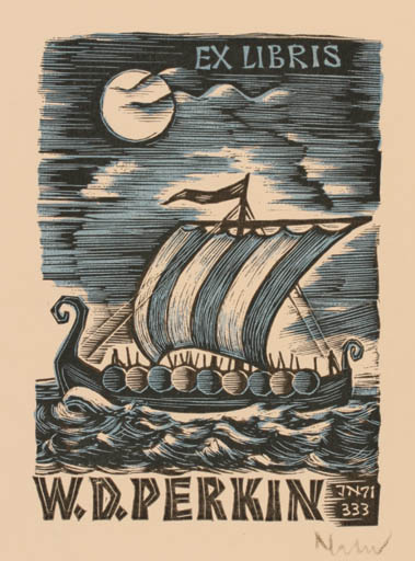 Exlibris by Johann Naha from Germany for W. D. Perkin - Maritime Ship/Boat Viking 