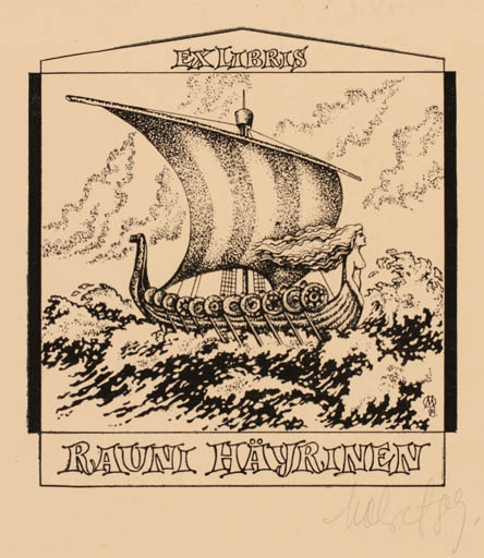 Exlibris by Maret Olvet from Estonia for Rauni Häyrinen - Maritime Ship/Boat Viking 