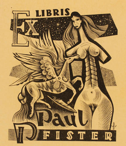 Exlibris by Wojciech Barylski from Poland for Paul Pfister - Woman Mythology Pegasus 