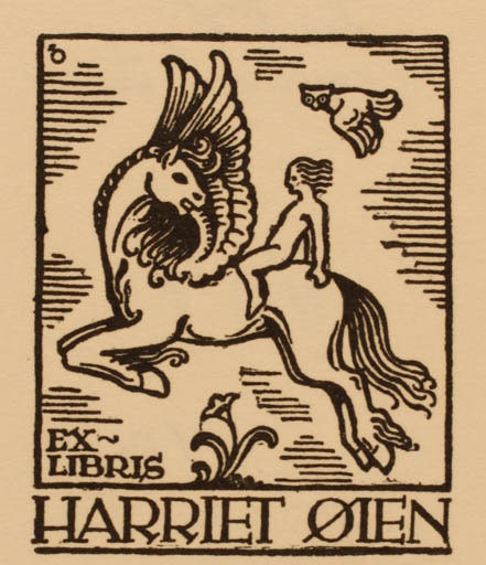 Exlibris by Albert Jaern from Norway for Harriet Øien - Mythology Pegasus 