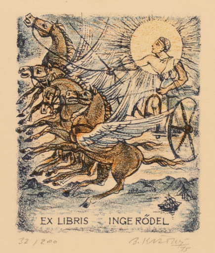 Exlibris by Bohumil Kratky from Czechoslovakia for Inge Rödel - Mythology Pegasus Sun 