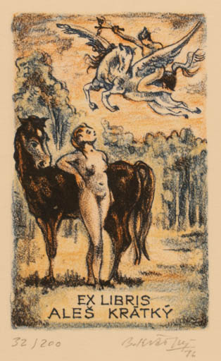 Exlibris by Bohumil Kratky from Czechoslovakia for Ales Krátký - Horse Mythology Pegasus 