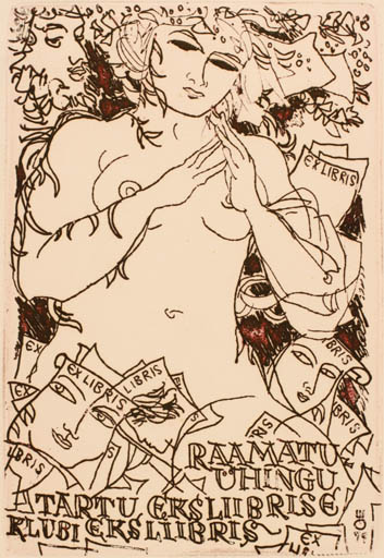 Exlibris by Evald Okas from Estonia for ? Tartu Eksliibris Klubi - Woman Nude 