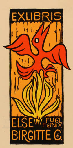 Exlibris by Chr. W. Bauditz from Denmark for Else Birgitte C. - Bird Phoenix Mythology 