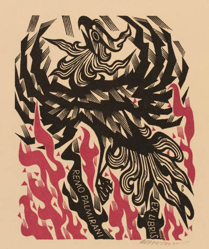 Exlibris by Vojtech Cinybulk from Czechoslovakia for Rosellae Remo Pamirani - Bird Phoenix Mythology 