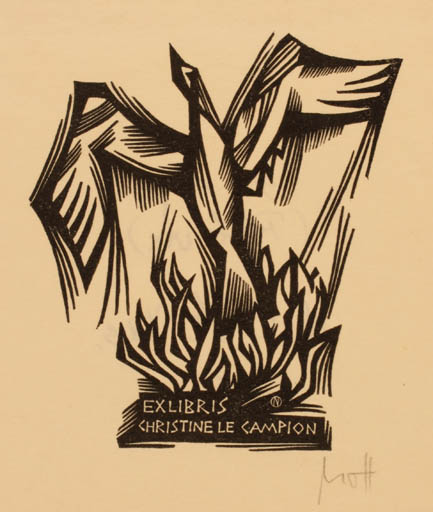 Exlibris by Norbert H. Ott from Germany for Christine Le Campion - Bird Phoenix Mythology 