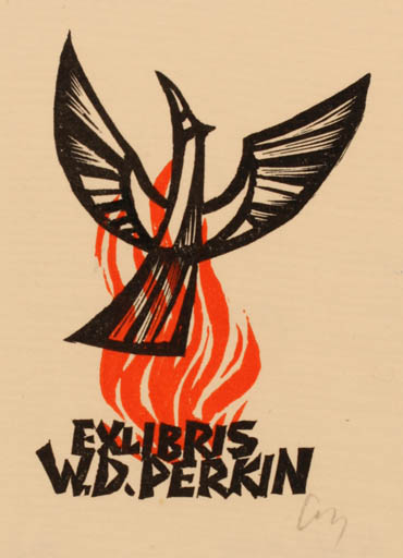 Exlibris by Herbert S. Ott from Germany for W. D. Perkin - Bird Phoenix Mythology 