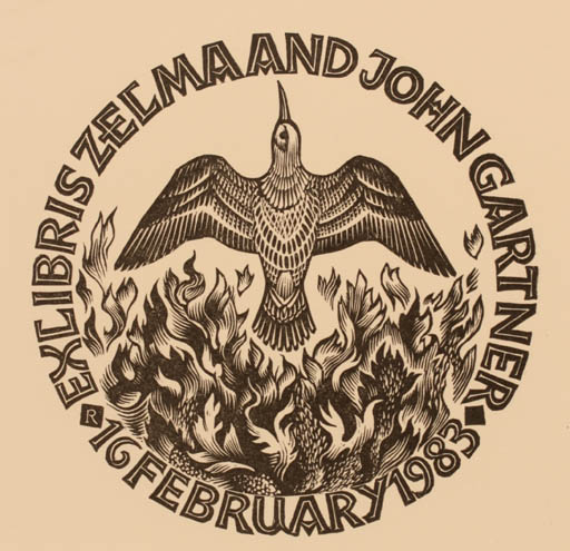 Exlibris by Pam Georg Rueter from Netherland for Zelmaand John Gartner - Bird Phoenix Mythology 