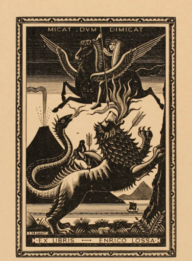 Exlibris by Bruno Bramanti from Italy for Enrico Lossa - Fauna Mythology Pegasus 