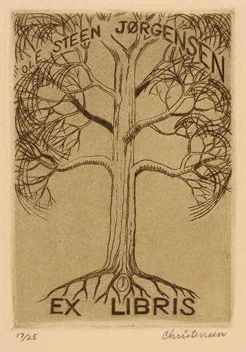 Exlibris by Val A. Christensen from USA for Ole Steen Jørgensen - Tree 