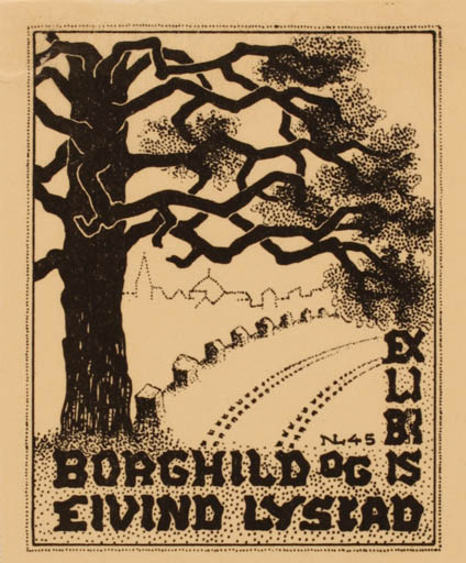 Exlibris by Normand Laheld from Norway for Borghild og Eivind Lystad - Tree 