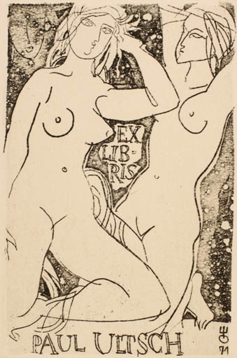 Exlibris by Evald Okas from Estonia for Paul Ultsch - Woman Nude 