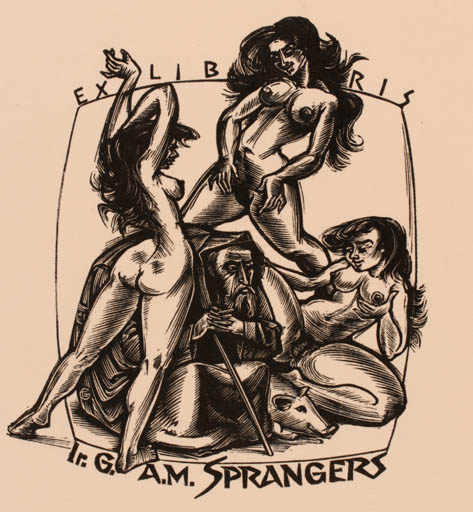 Exlibris by Gerard Gaudaen from Belgium for Ir. G.A.M. Sprangers - Woman Nude Religion 