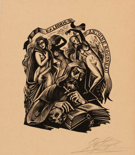 Exlibris by Luc de Jaegher from Belgium for Antoine Rousseau - Woman Nude Religion 