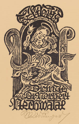 Exlibris by Max Kislinger from Austria for Inge & Norbert Nechwatal - Fauna Woman Religion 