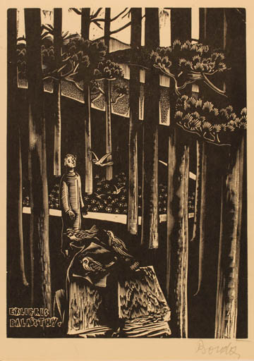 Exlibris by Ferenc Bordás from Hungary for Palásthy Lajos - Bird Religion Forest 