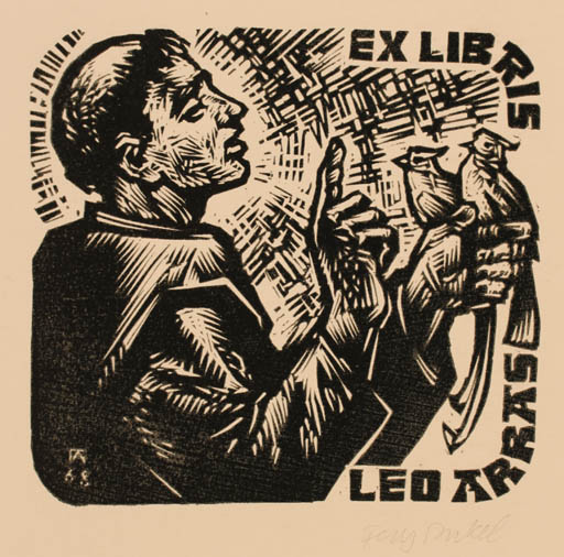 Exlibris by Antal Fery from Hungary for Leo Arras - Bird Man Religion 