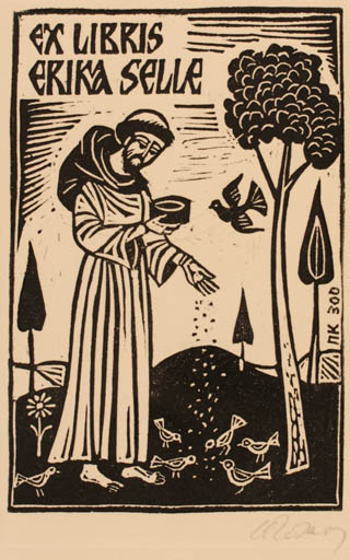 Exlibris by Pencho Koulekov from Bulgaria for Erika Selle - Bird Man Religion 