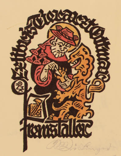 Exlibris by Max Kislinger from Austria for Ottmar Premstaller - Fauna Man Religion 