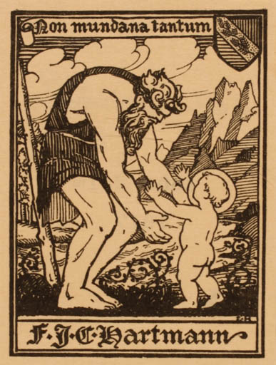 Exlibris by Ebba Holm from Denmark for F. J. C. Hartmann - Child Mountain Man Religion 