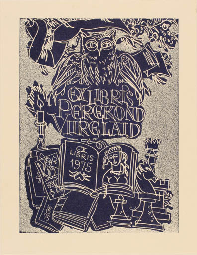 Exlibris by Evald Okas from Estonia for Perekond Viirelaid - Book Bird Sport/game Owl 