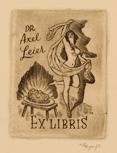 Exlibris by Istvan Tempinszky from Hungary for Dr. Axel Leier - Woman Nude Religion 