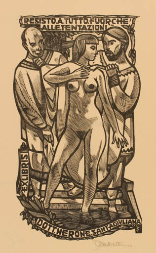 Exlibris by Jan Battermann from Netherland for Dr. Nerone Santagiuliana - Woman Man Nude 