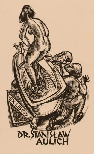 Exlibris by Gerard Gaudaen from Belgium for Dr. Stanislaw Aulich - Woman Man Nude 